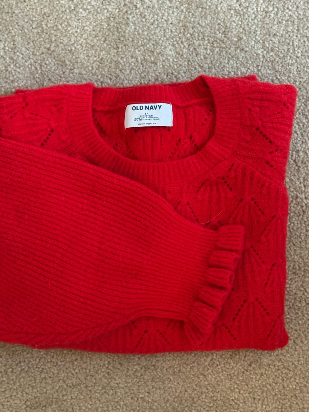 Old Navy Bright Red Pointelle Knit Sweater | Cottagecore | 3x | Ruffle Sleeve